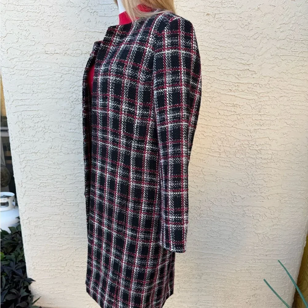 Calvin Klein Plaid Tweed Long Jacket Coat Black Red White Size 12 EUC Lined